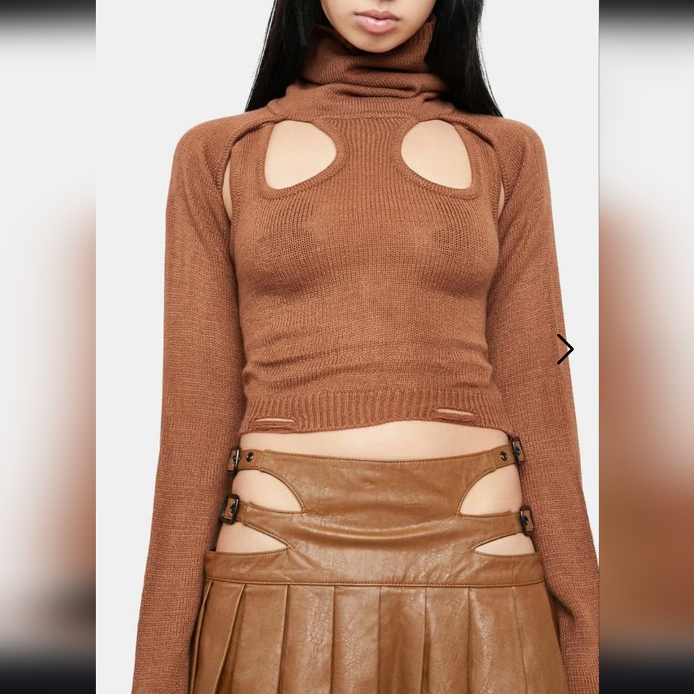 Darker Wavs Brown Knit Cut-out Turtleneck Top.
